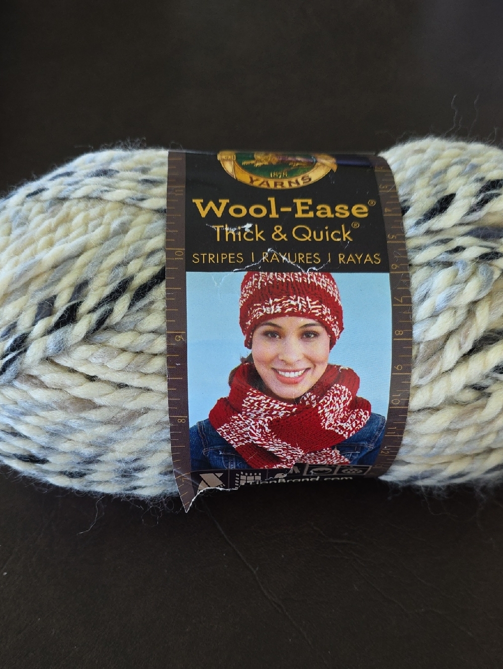 Lion Brand Wool‑Ease Thick & Quick Striped Yarn – Cream & Black